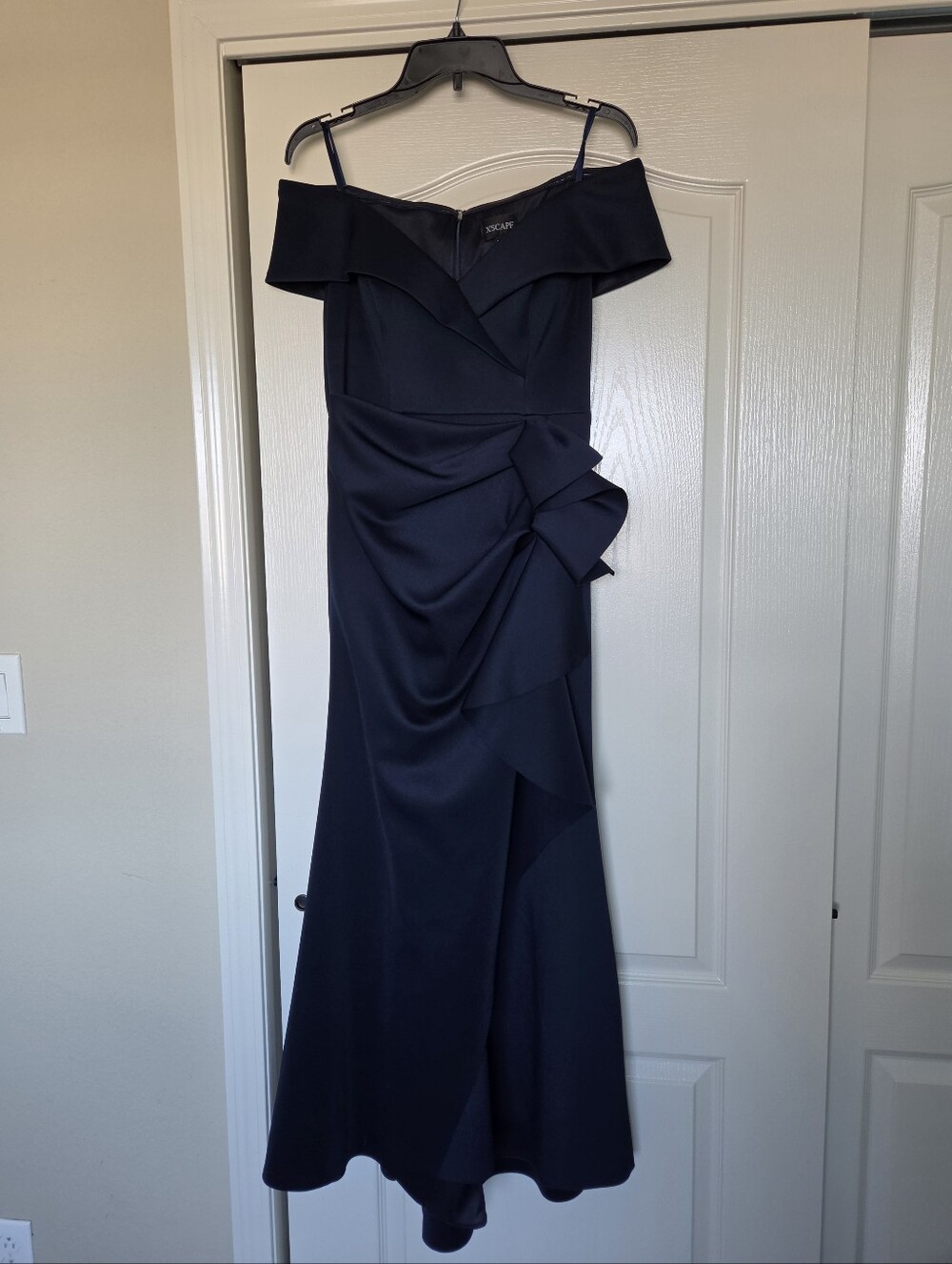 Xscape Petite Scuba Off-The-Shoulder Gown